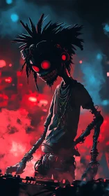 Cybernetic DJ figure stands in red and blue fog lighting
