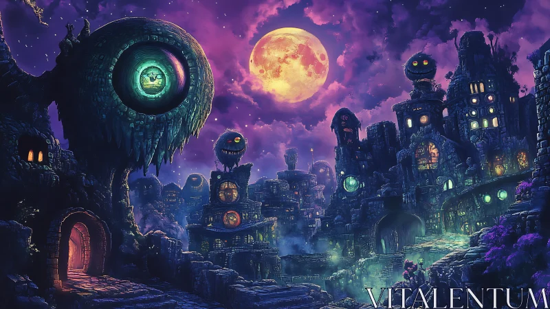 Nighttime fantasy city shows glowing eyes and full moon