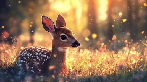 Gentle fawn resting in golden forest glow at quiet sunset.