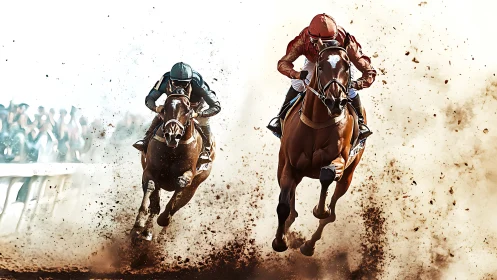Dynamic horse racing sprint through cinematic dirt spray.
