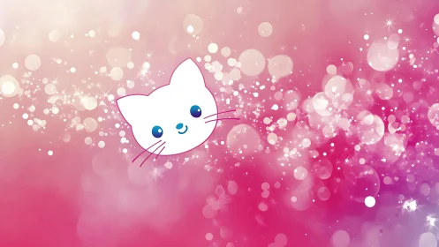 Cartoon cat icon on pink bokeh and sparkles background.