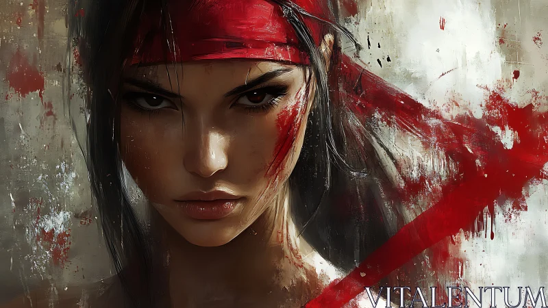 Portrait shows stern woman with red headband and paint streaks