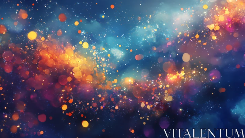 Colorful abstract nebula with scattered glowing particles.