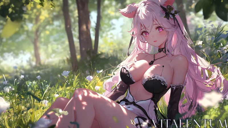 Fox-eared enchantress lounging in sunlit blossom glade.