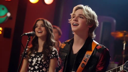 Teen musicians perform vocals and guitar on colorful stage