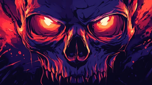 Flaming demonic skull closeup in vivid neon inferno.