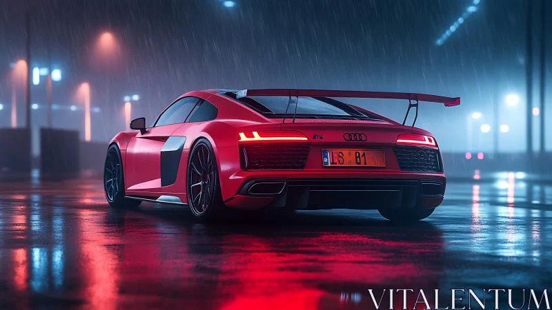 Red Audi supercar rendered in cinematic nocturnal rain scene