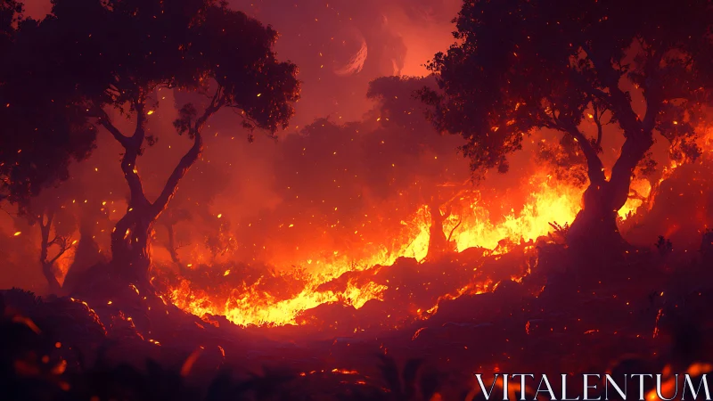 Intense Wildfire Through Silhouetted Trees at Night.
