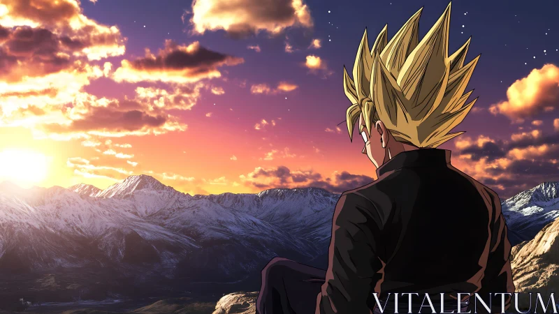 Anime warrior contemplates snowy mountains at blazing sunset