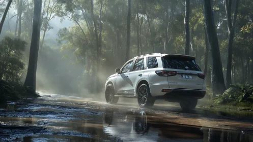 White SUV powers through misty forest trail reflections.