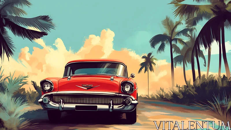 Sunlit classic car cruising a tropical palm-lined road.