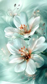 Digital Rendering of White Flowers with Golden Stamens Against Turquoise