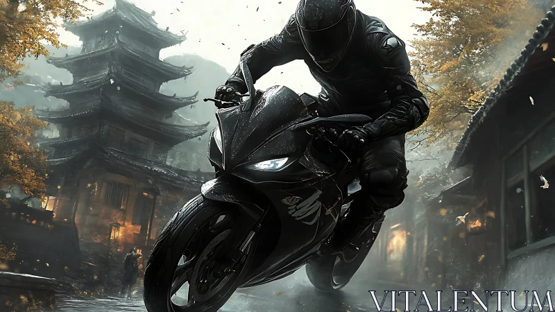 Stealth rider leans into speed beside misty Japanese pagoda.
