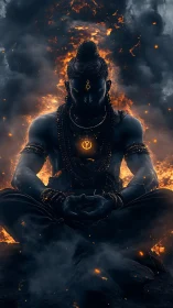 Meditative blue figure in firelit smoke with glowing symbols.