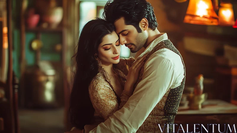 Intimate portrait of couple in golden hour ambient lighting with classical styling