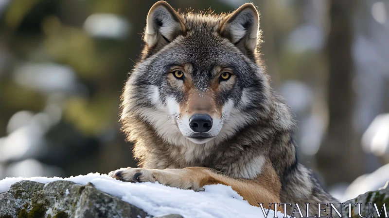 Gentle winter wolf resting with a calm, watchful gaze.
