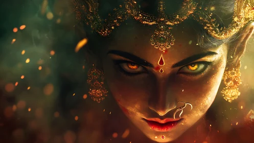 Fierce goddess portrait with fiery eyes and gold crown.