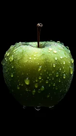 Macro green apple with dew droplets on black background.