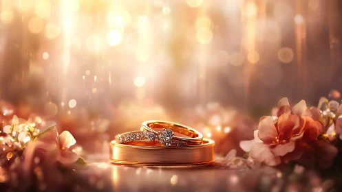 Macro analysis of bridal gold rings in bokeh floral field.