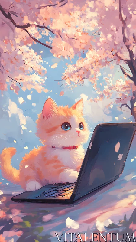 Spring kitten with laptop beneath soft cherry blossoms.