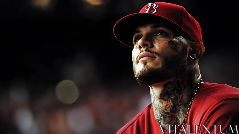 Floodlit resolve crowns the tattooed ballplayer in red focus