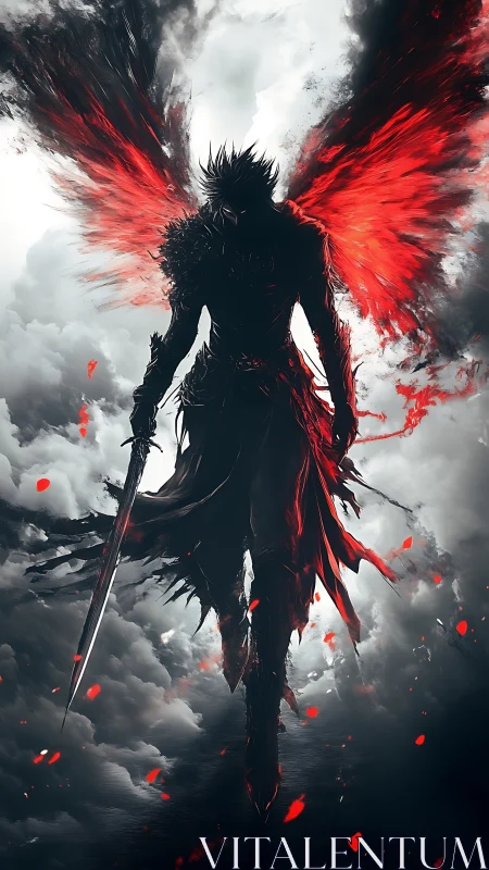 Rogue seraph with burning crimson wings cuts through stormclouds.