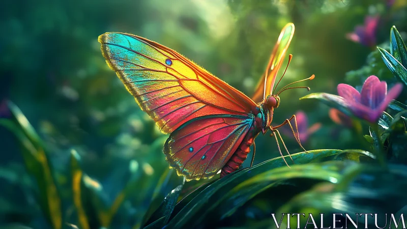 Colorful butterfly rests on foliage in controlled lighting