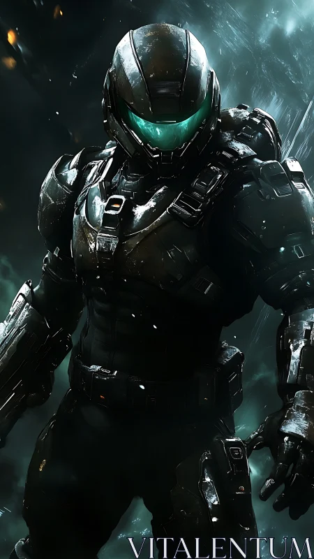 Armored space soldier strides through stormy cosmic battlefield