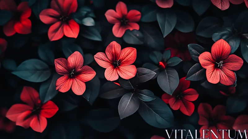 Coral flowers with dark green foliage in natural lighting composition