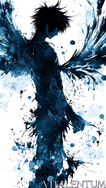 Silhouetted winged figure rendered in blue ink splashes
