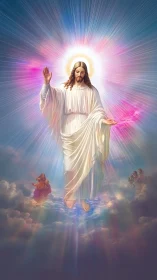 Radiant Christ figure ascending above glowing celestial clouds.