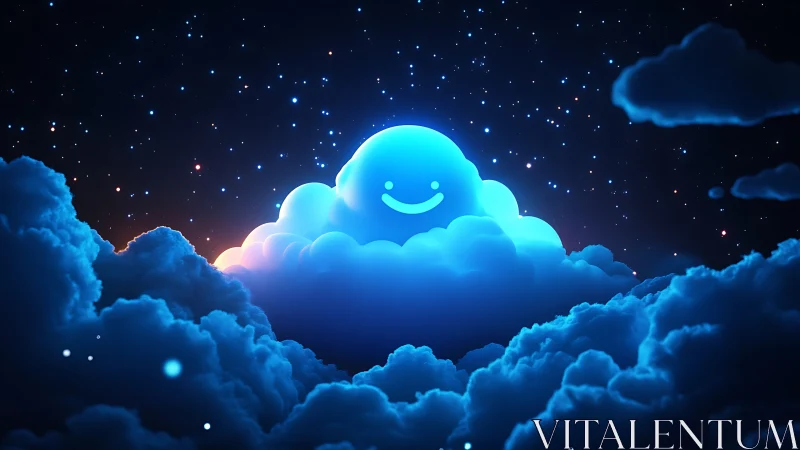 Glowing smiling cloud character illuminates stylized night sky