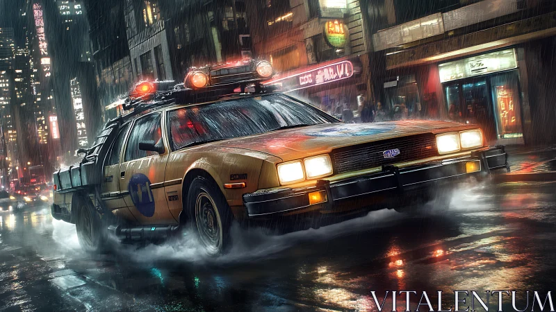 Retro rescue cruiser skims through neon rain-slick streets