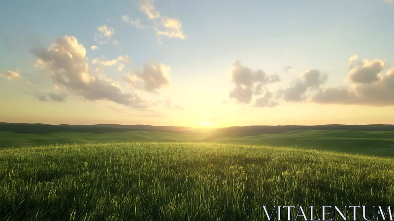 Sunlit grassland with low rolling hills at horizon line.