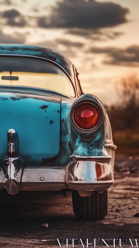 Weathered classic car rear view at sunset.