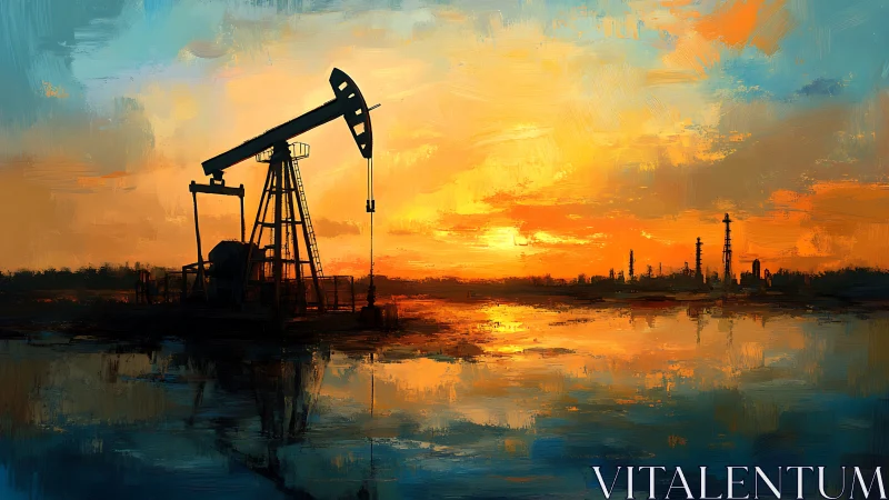 Sunset pumpjack dreaming above molten refinery mirrors.