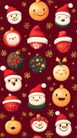 Christmas ornament characters on red festive background.