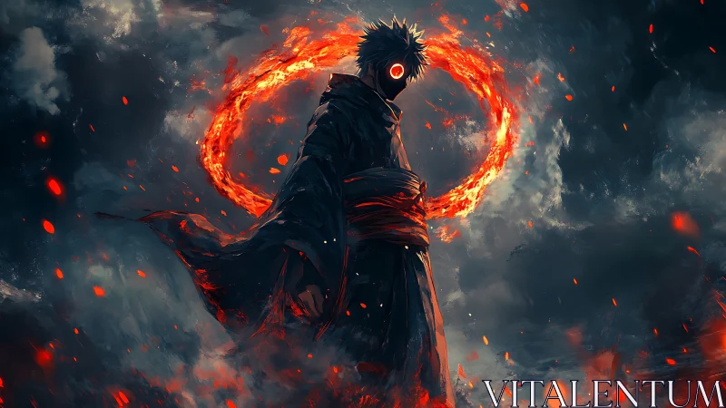 Digital painting of fiery ring mage in storm-swept silhouette.