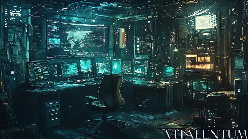 Cyberpunk command center glows with dense surveillance data