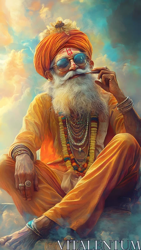 Mystic elder in orange robes smokes calmly above clouds.