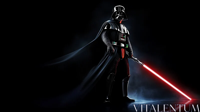 Shadow clad warrior with glowing red blade in starlit void.