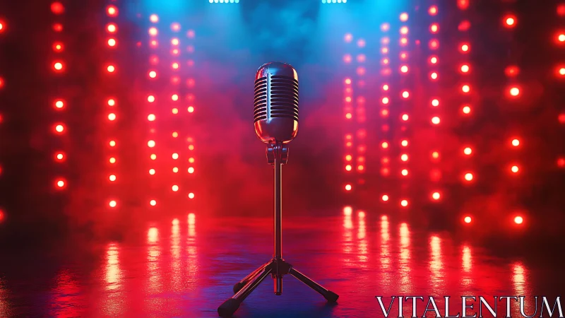 Vintage microphone on stage with red and blue studio lights.