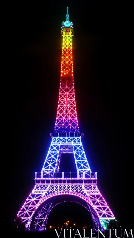 Spectral LED lattice on Eiffel Tower silhouette at night.