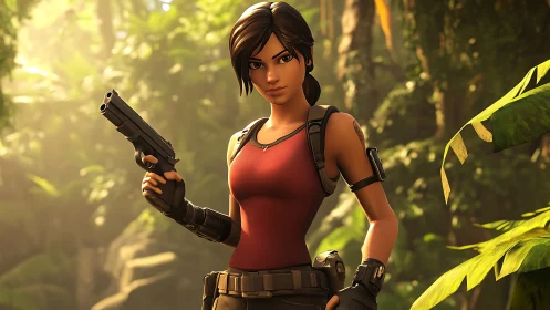 Tactical jungle explorer with sidearm in volumetric sunlight.