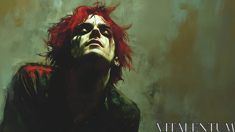 Red haired figure in dramatic upward tilt under desaturated light