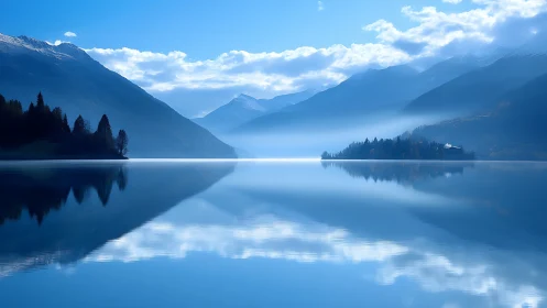 Alpine lake horizon with mirrored blue mountains and clouds.