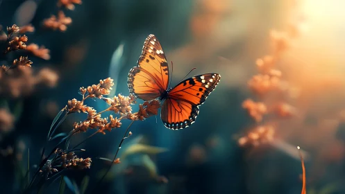 Monarch butterfly in golden backlight over soft bokeh meadow.