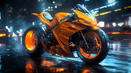 Orange sport motorcycle on wet city street at night.