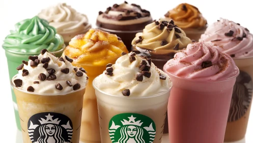 Colorful Starbucks frappuccino lineup with whipped toppings.