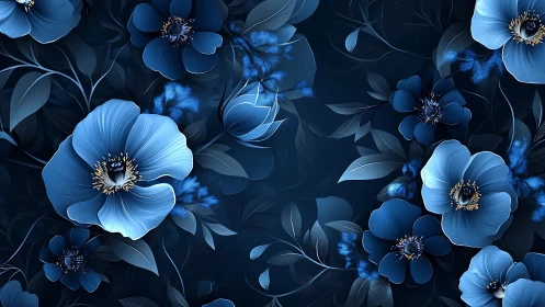 Blue Florals in Nocturnal Garden: Digital Botanical Dreamscape.